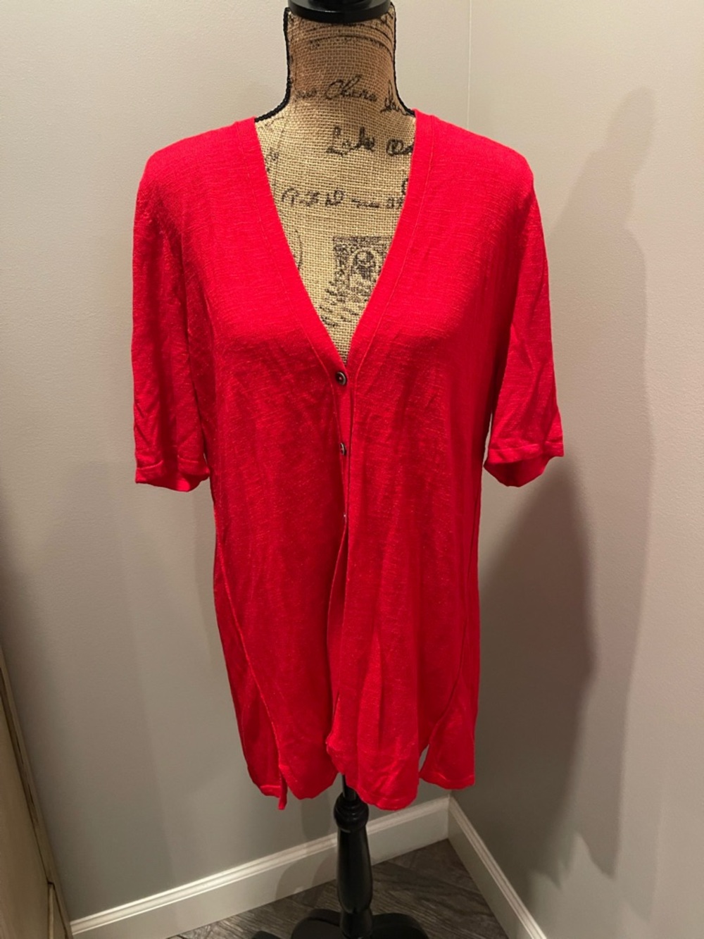 J Jill Bright Red Short-Sleeve Button Cardigan